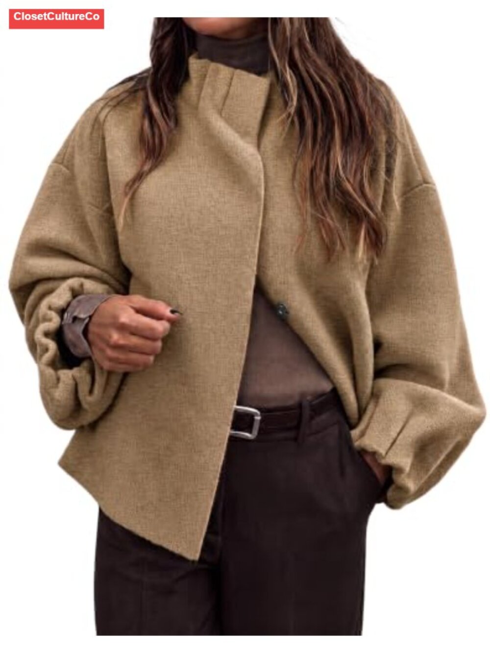 Womens Ruffle Mock Neck Sweater Balloon Sleeve Knit Cardigan Snap